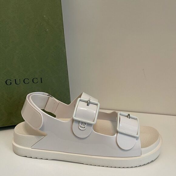 Gucci Rubber Sandal Mini Double GG Logo Slides Dusty White Strap - Picture 4 of 10